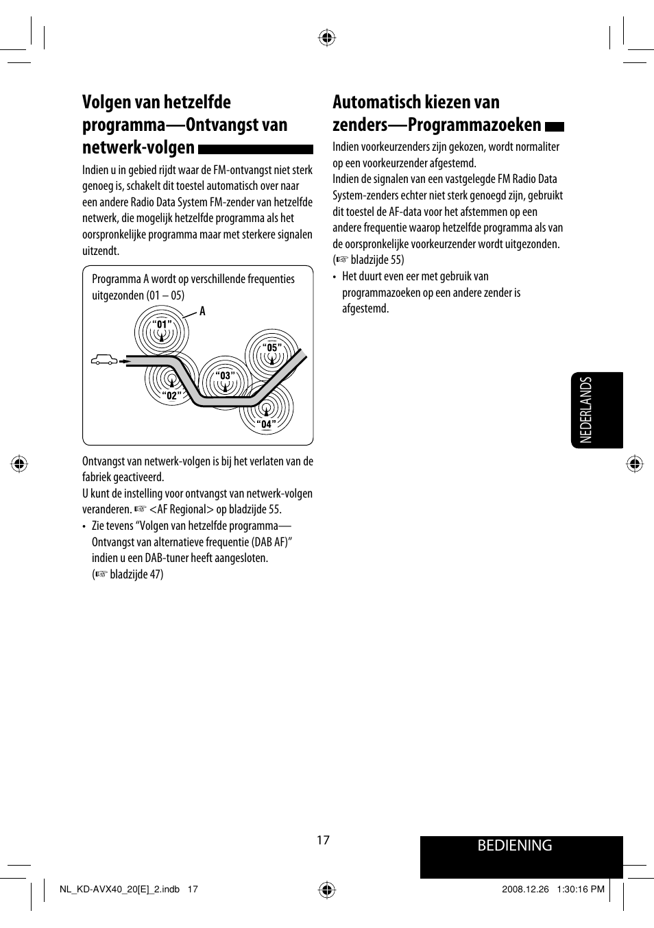 Automatisch kiezen van zenders—programmazoeken, Bediening, Nederlands | JVC KD-AVX40 User Manual | Page 235 / 292
