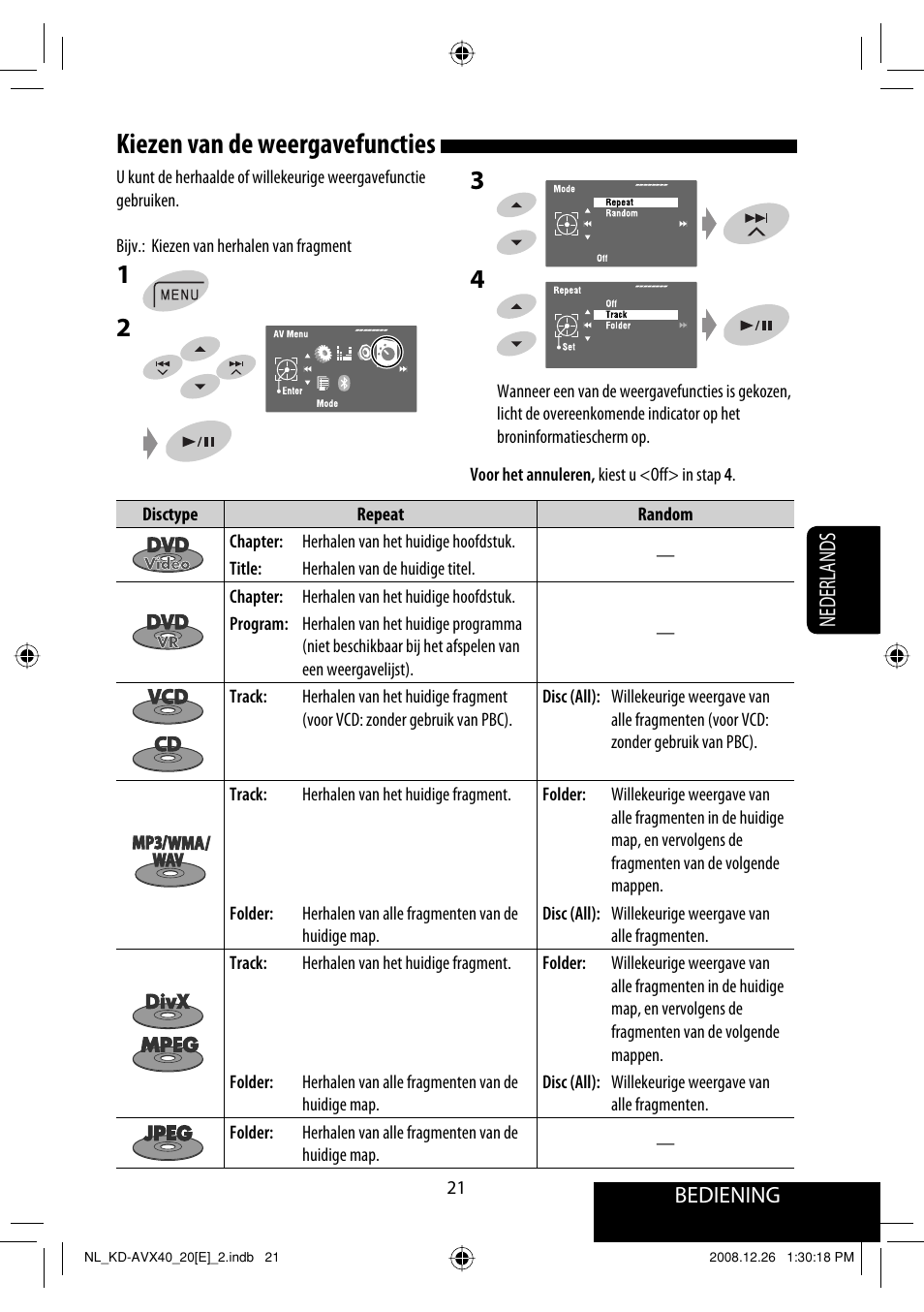 Kiezen van de weergavefuncties, Bediening, Nederlands | JVC KD-AVX40 User Manual | Page 239 / 292