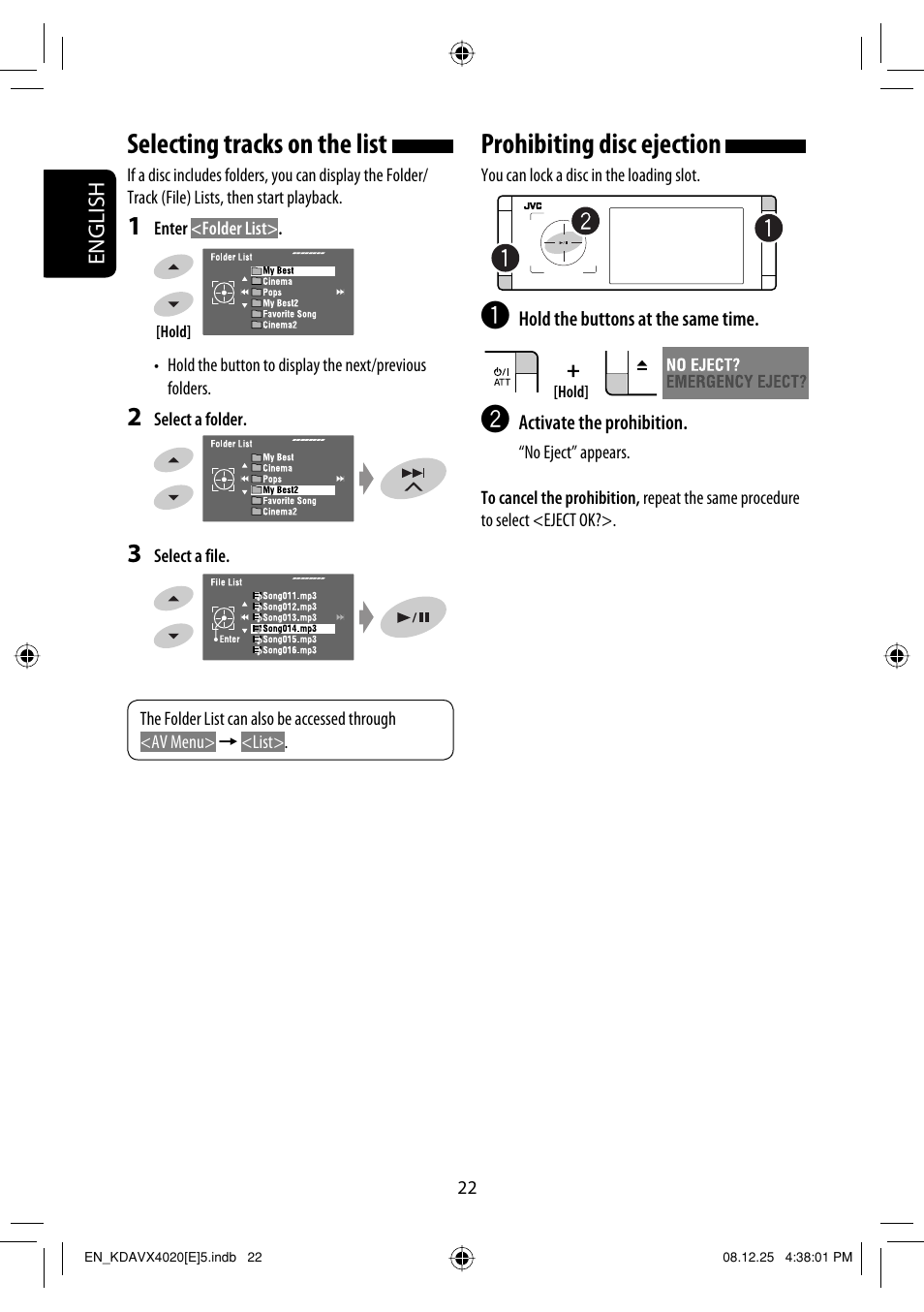 Selecting tracks on the list, Prohibiting disc ejection | JVC KD-AVX40 User Manual | Page 24 / 292
