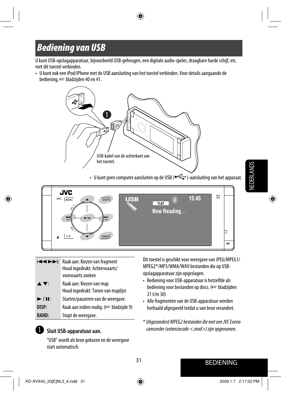 Bediening van usb, Bediening, Nederlands | JVC KD-AVX40 User Manual | Page 249 / 292