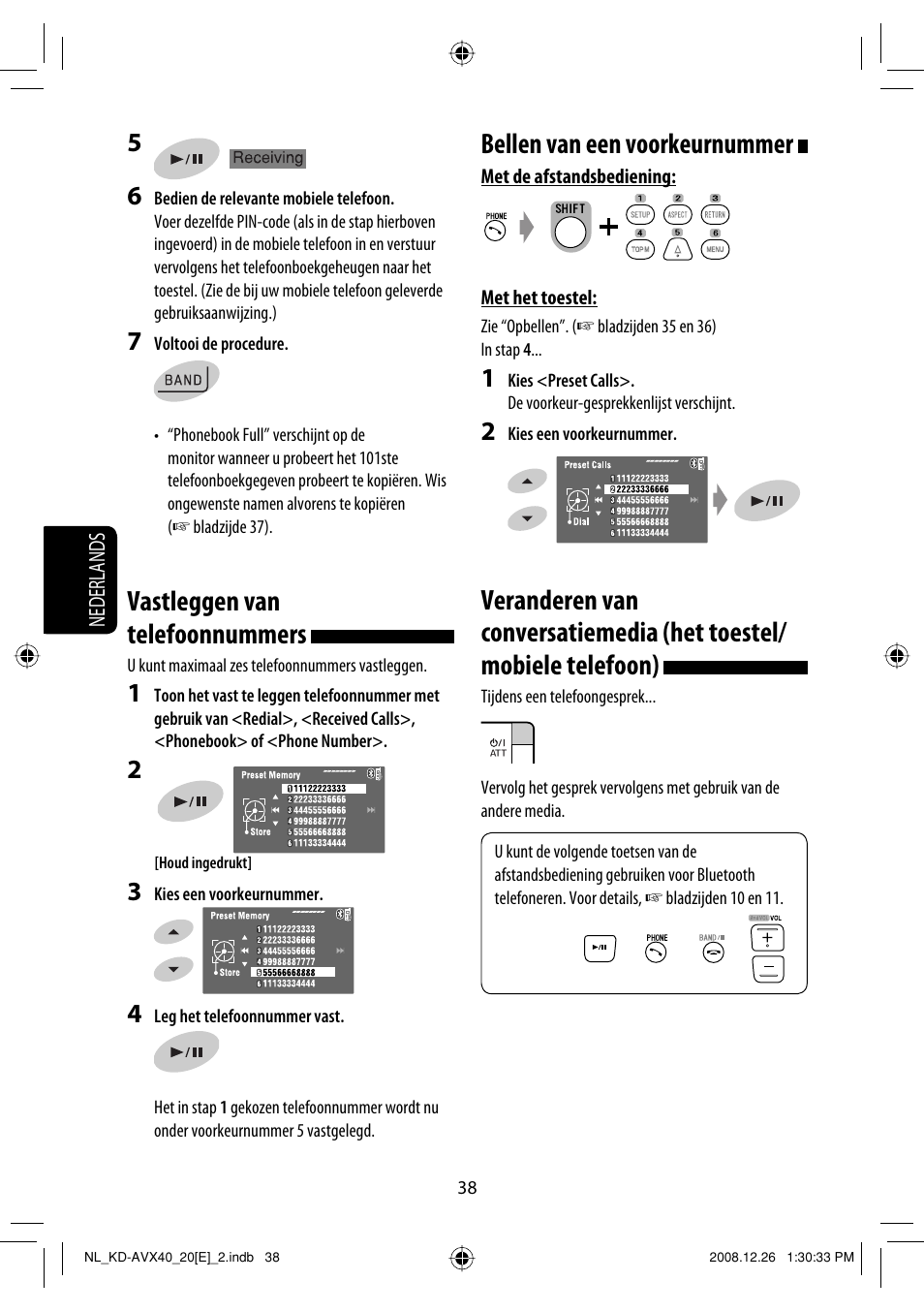 Vastleggen van telefoonnummers, Bellen van een voorkeurnummer | JVC KD-AVX40 User Manual | Page 256 / 292
