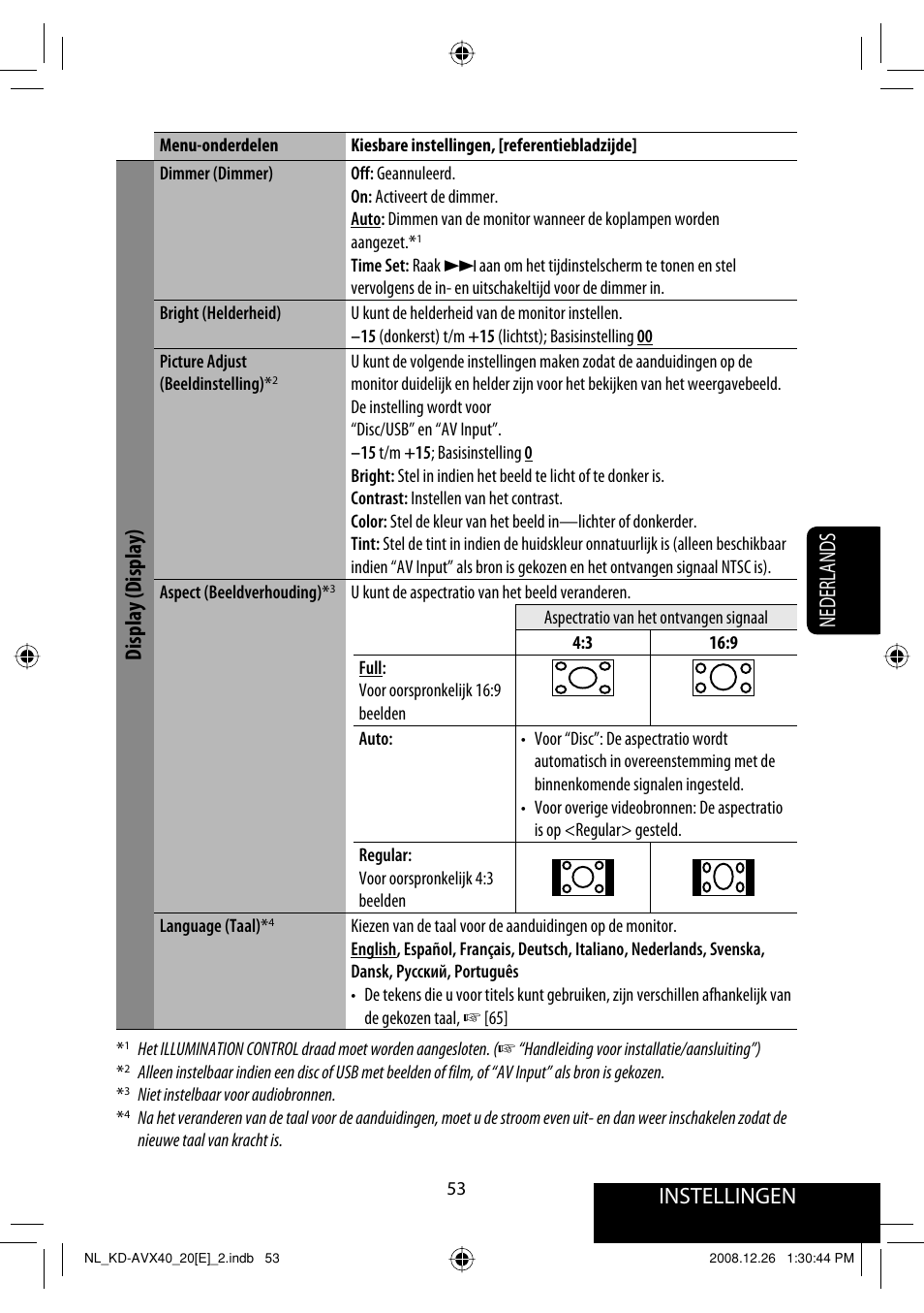Instellingen, Nederlands, Display (display) | JVC KD-AVX40 User Manual | Page 271 / 292