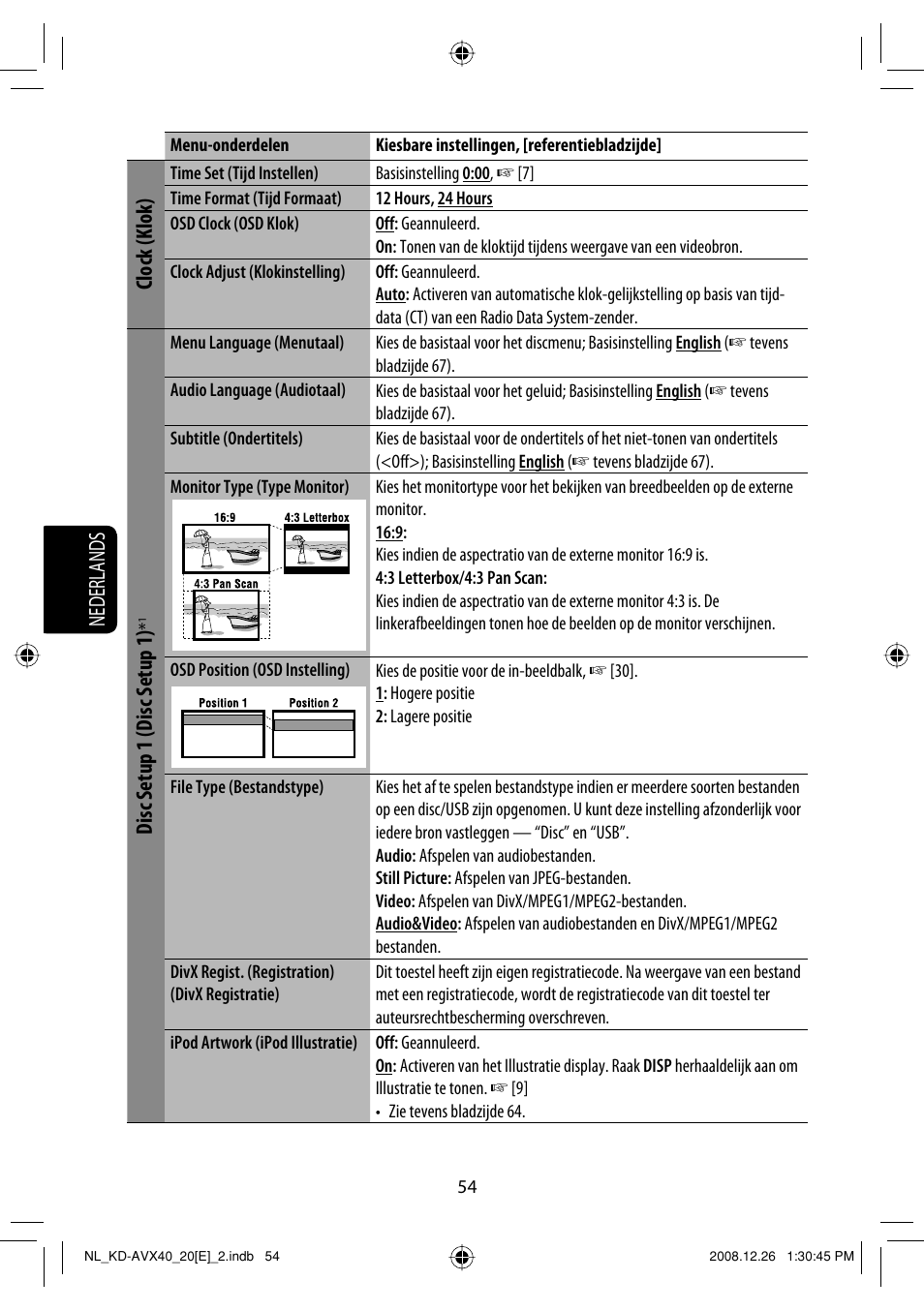 Nederlands, Clock (klok), Disc setup 1 (disc setup 1) | JVC KD-AVX40 User Manual | Page 272 / 292