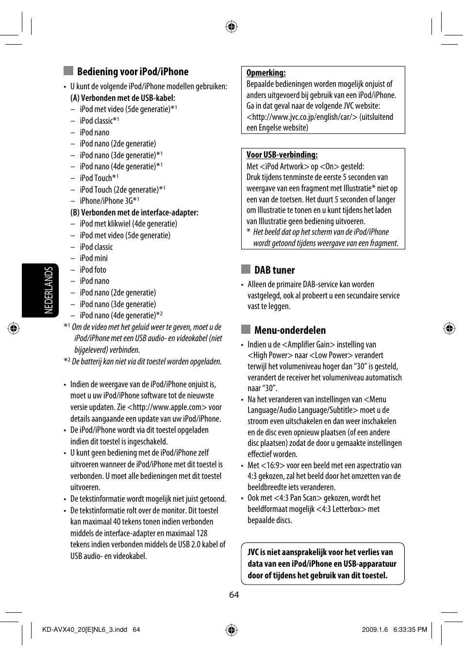 Nederlands bediening voor ipod/iphone, Dab tuner, Menu-onderdelen | JVC KD-AVX40 User Manual | Page 282 / 292