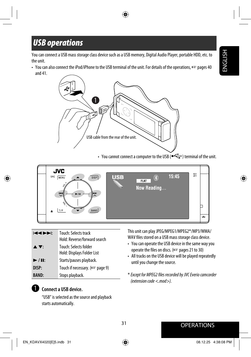 Usb operations, Operations, English | JVC KD-AVX40 User Manual | Page 33 / 292