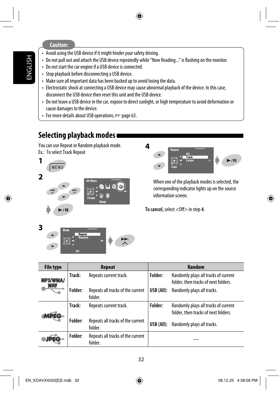 Selecting playback modes | JVC KD-AVX40 User Manual | Page 34 / 292