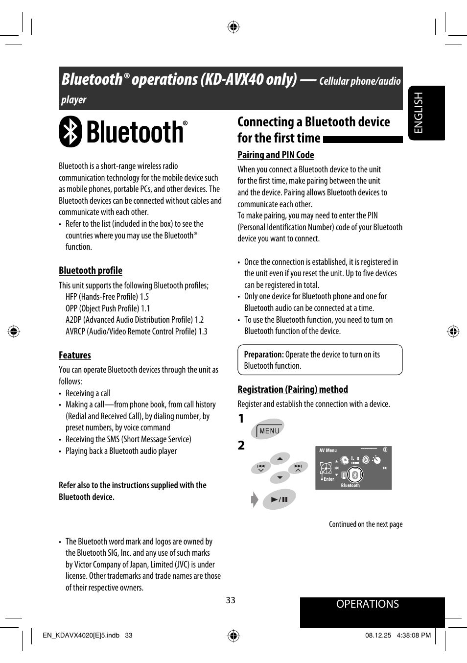 Bluetooth® operations (kd-avx40 only), Connecting a bluetooth device for the first time | JVC KD-AVX40 User Manual | Page 35 / 292