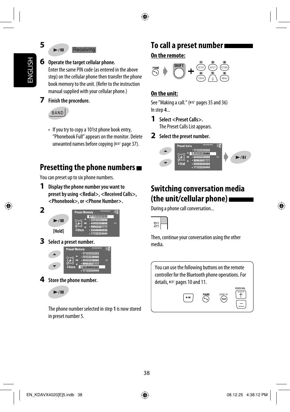 Presetting the phone numbers | JVC KD-AVX40 User Manual | Page 40 / 292