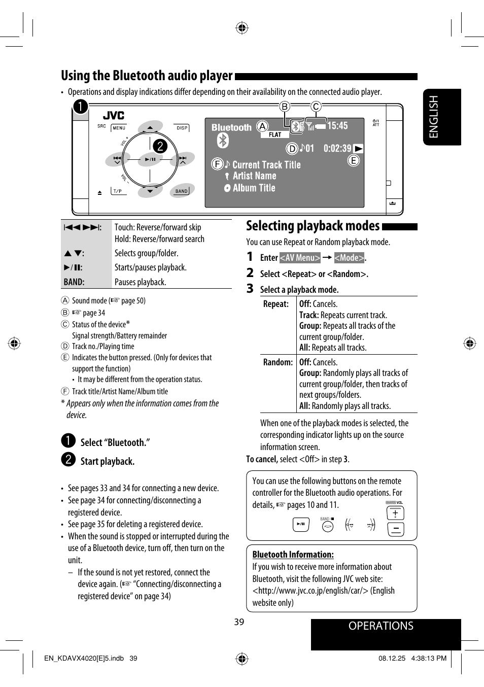 Selecting playback modes, Using the bluetooth audio player | JVC KD-AVX40 User Manual | Page 41 / 292