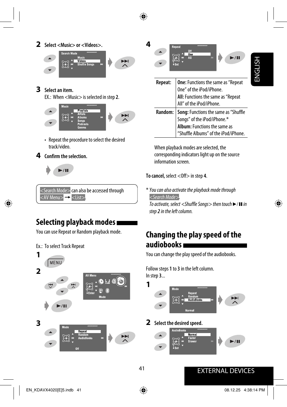 Changing the play speed of the audiobooks, Selecting playback modes | JVC KD-AVX40 User Manual | Page 43 / 292