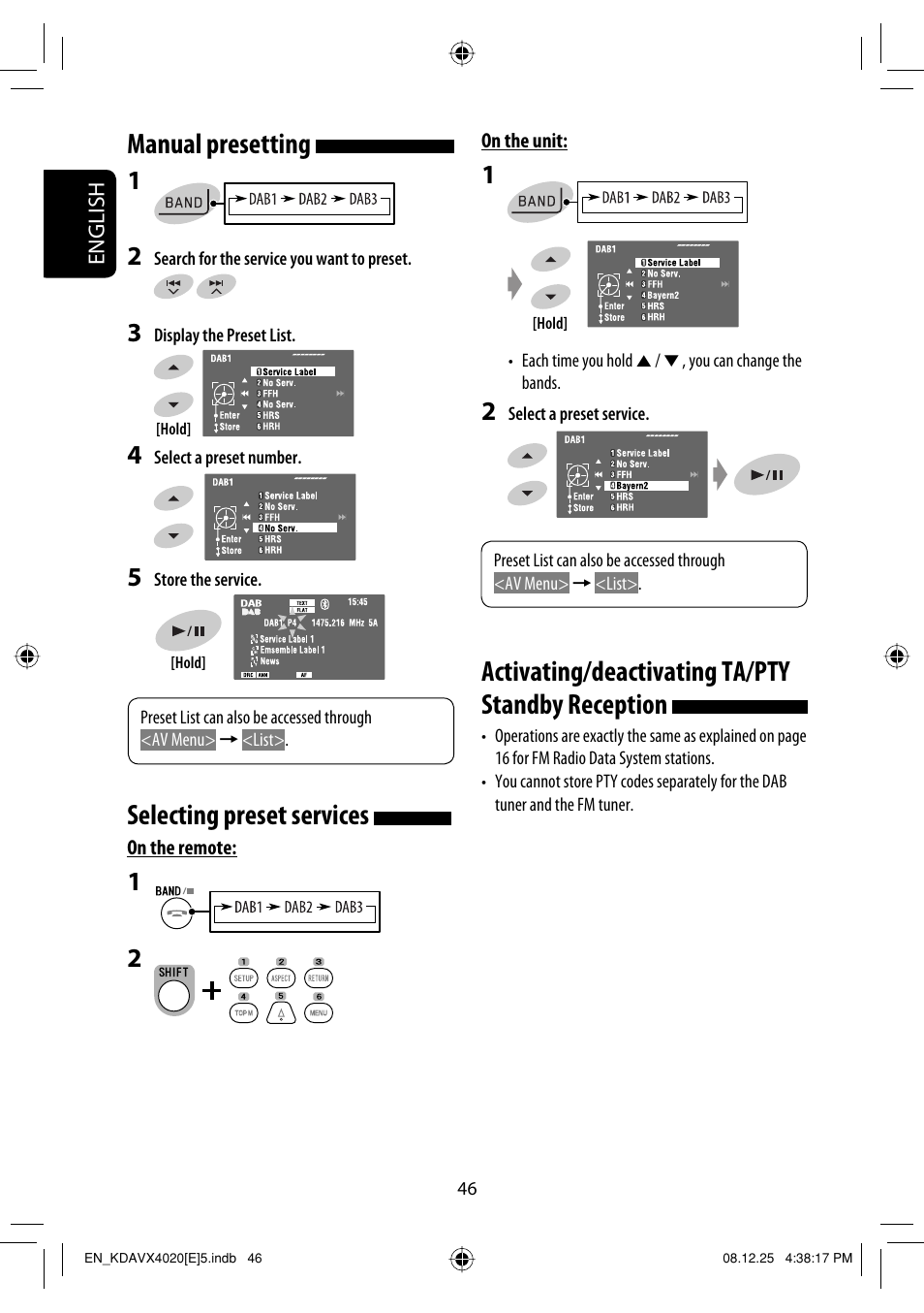 Manual presetting, Selecting preset services, Activating/deactivating ta/pty standby reception | JVC KD-AVX40 User Manual | Page 48 / 292
