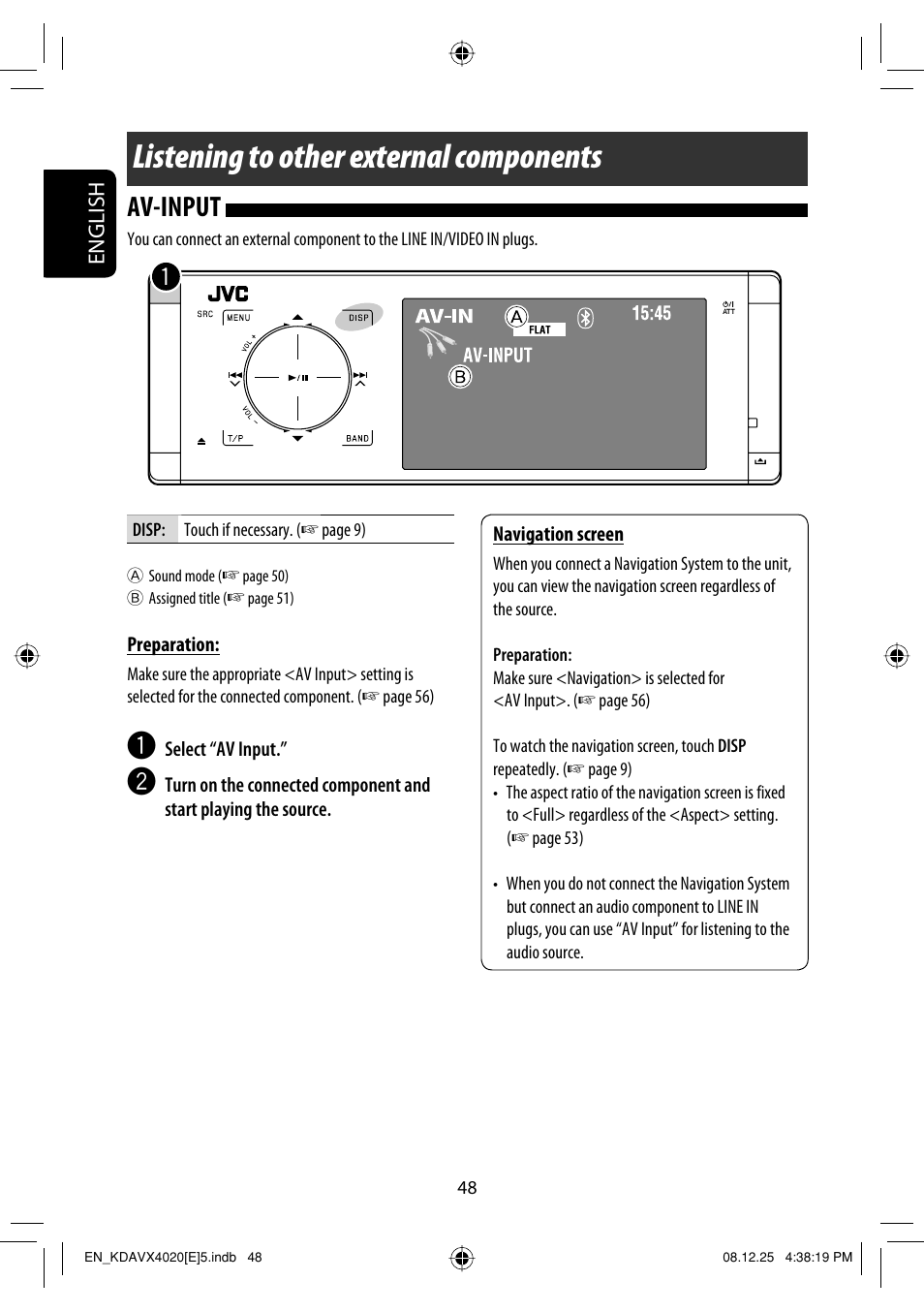 Listening to other external components, Av-input | JVC KD-AVX40 User Manual | Page 50 / 292