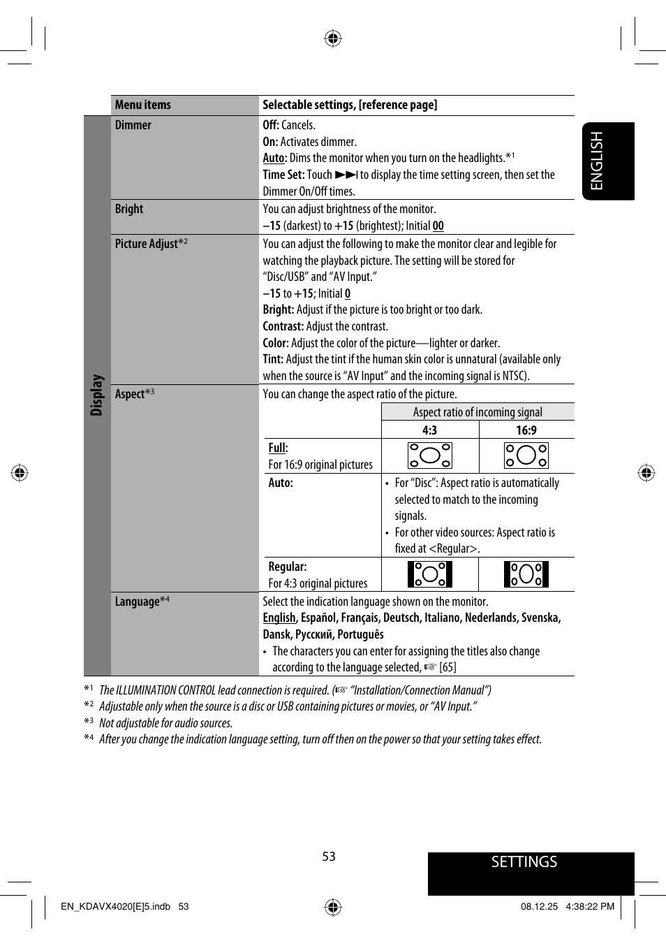 Settings, English, Display | JVC KD-AVX40 User Manual | Page 55 / 292