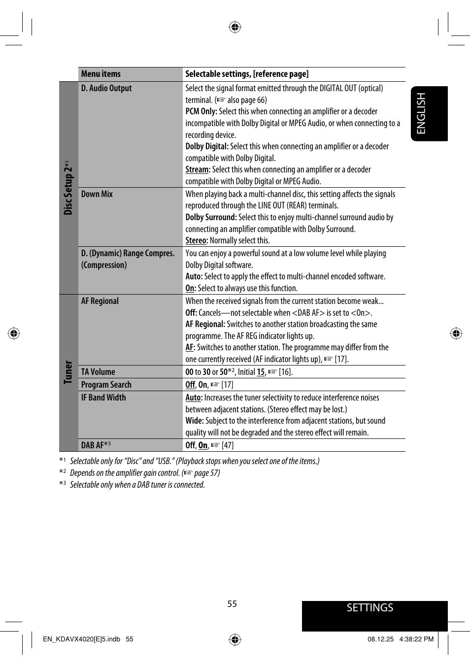 Settings, English, Disc setup 2 | Tuner | JVC KD-AVX40 User Manual | Page 57 / 292