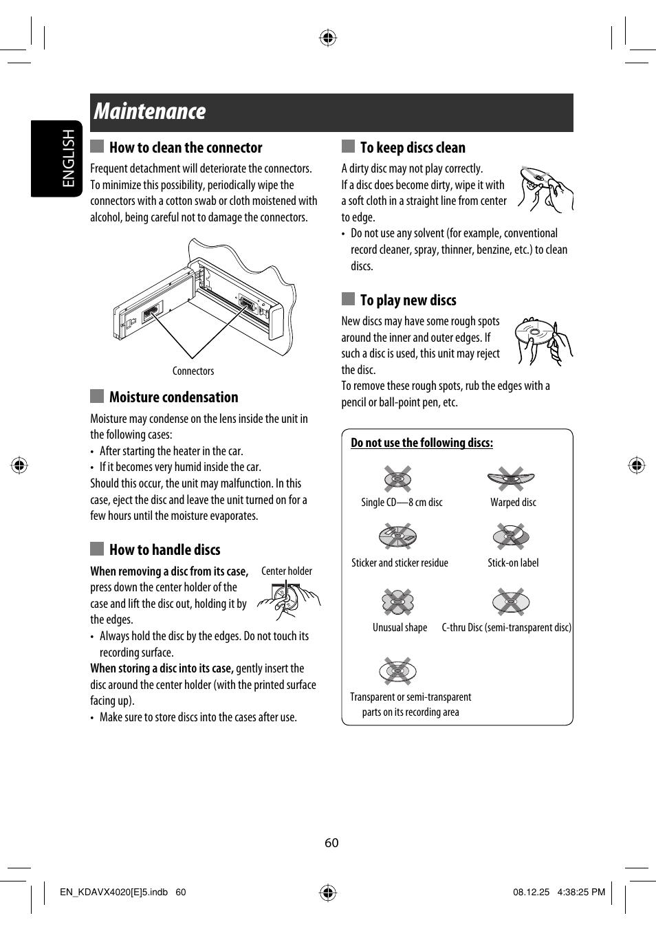 References, Maintenance, English | How to clean the connector, Moisture condensation, How to handle discs | JVC KD-AVX40 User Manual | Page 62 / 292