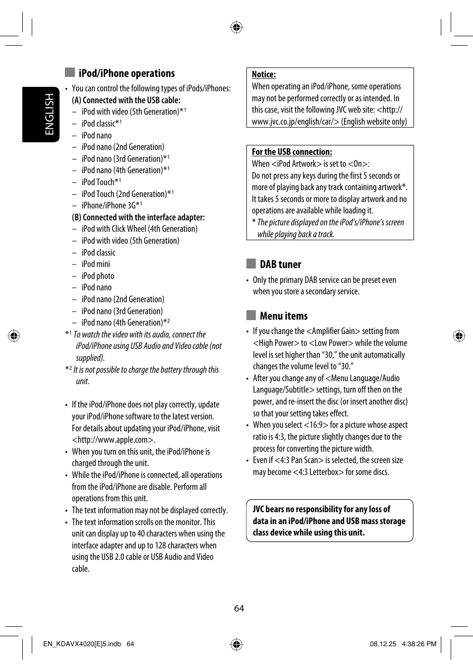 English, Ipod/iphone operations, Dab tuner | Menu items | JVC KD-AVX40 User Manual | Page 66 / 292