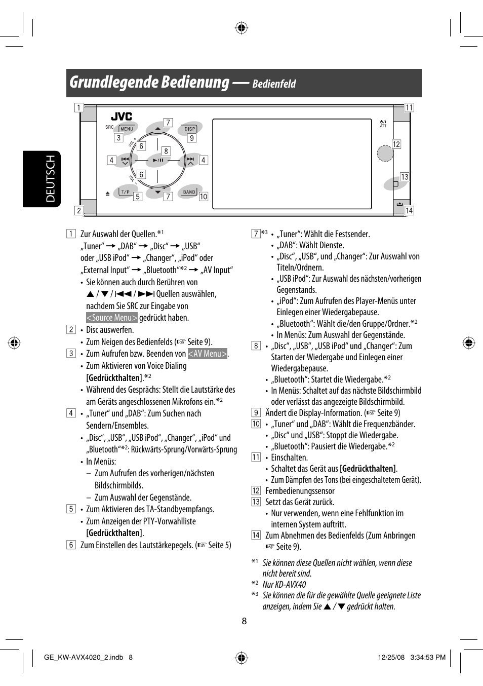 Grundlegende bedienung, Deutsch, Bedienfeld | JVC KD-AVX40 User Manual | Page 82 / 292