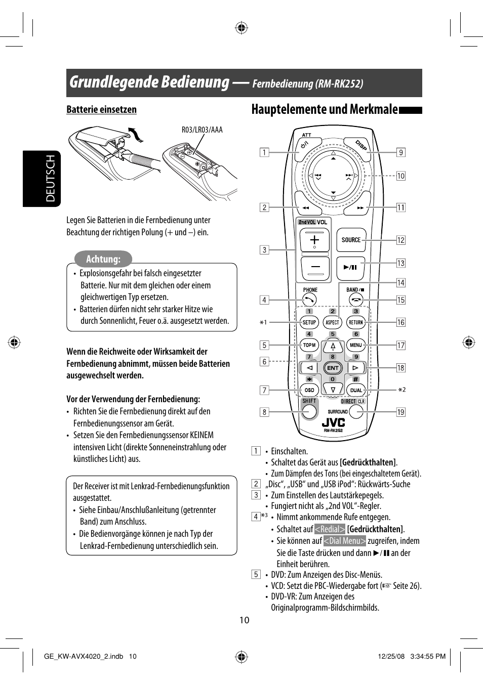 Grundlegende bedienung, Hauptelemente und merkmale, Deutsch | Fernbedienung (rm-rk252) | JVC KD-AVX40 User Manual | Page 84 / 292