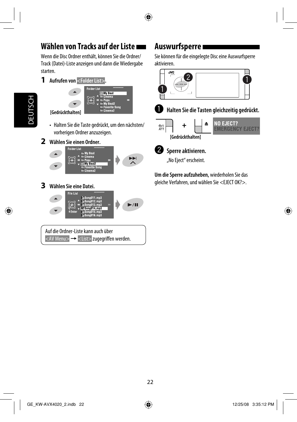 Wählen von tracks auf der liste, Auswurfsperre | JVC KD-AVX40 User Manual | Page 96 / 292