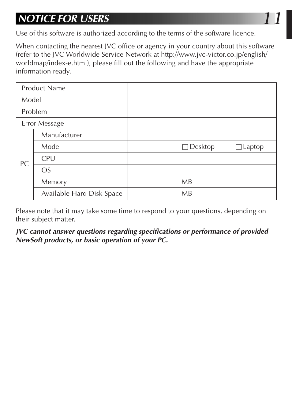 Notice for users | JVC GR-DVL300 User Manual | Page 11 / 124