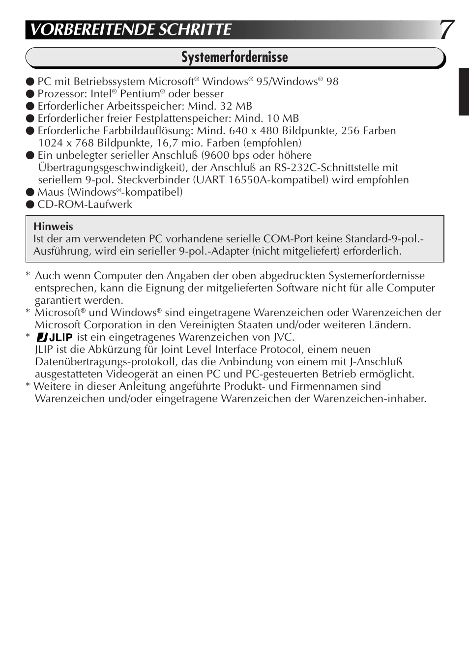 Vorbereitende schritte, Systemerfordernisse | JVC GR-DVL300 User Manual | Page 17 / 124