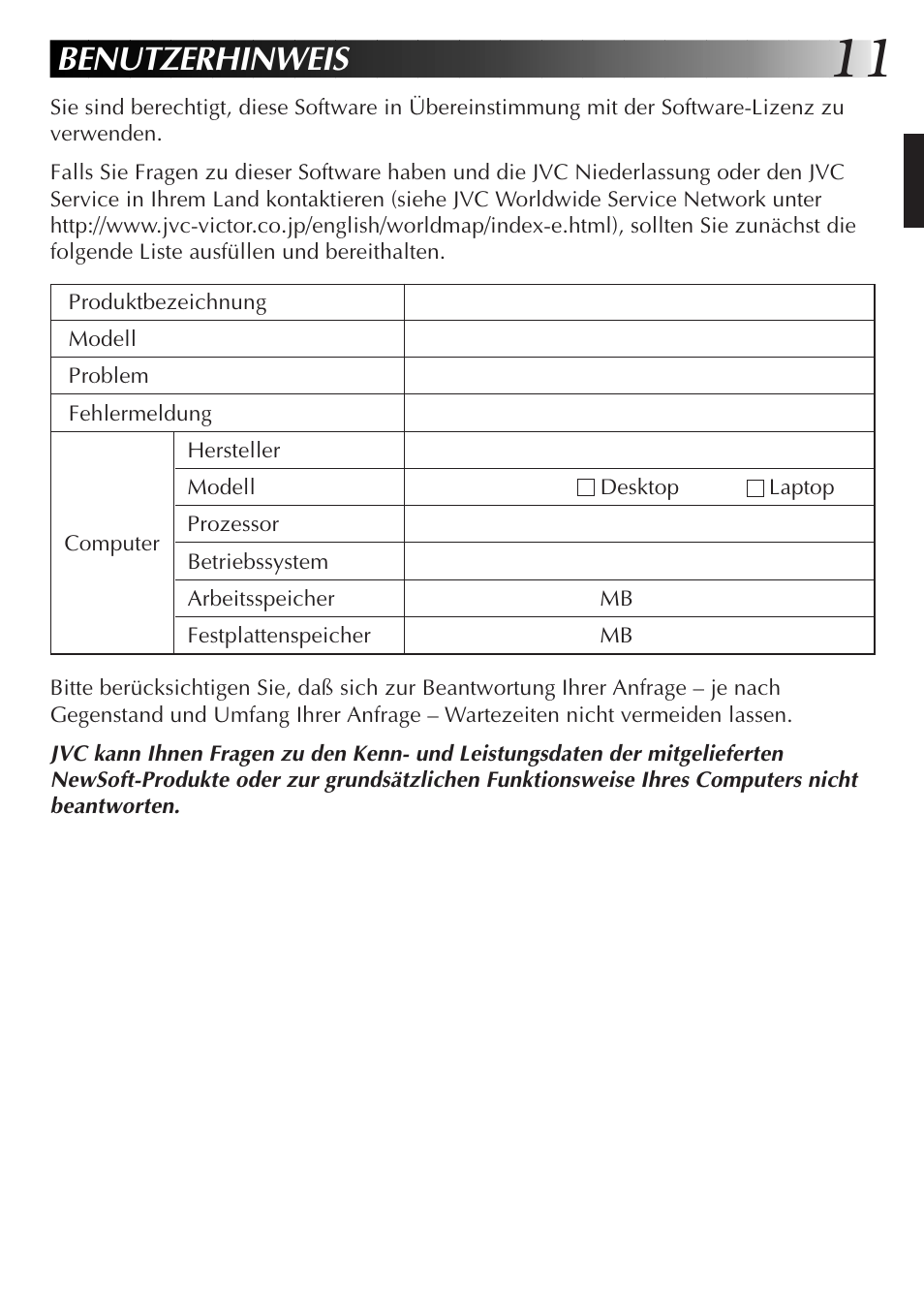 Benutzerhinweis | JVC GR-DVL300 User Manual | Page 21 / 124