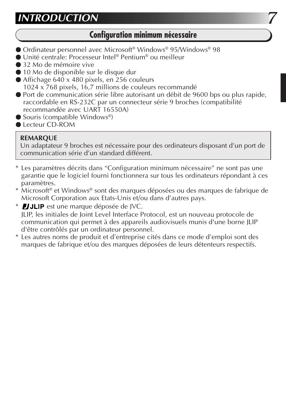 Introduction, Configuration minimum nécessaire | JVC GR-DVL300 User Manual | Page 27 / 124