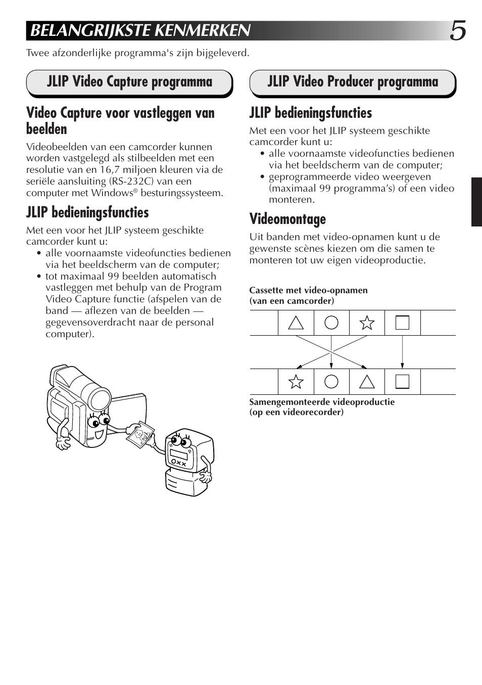 Belangrijkste kenmerken, Jlip bedieningsfuncties, Videomontage | JVC GR-DVL300 User Manual | Page 35 / 124