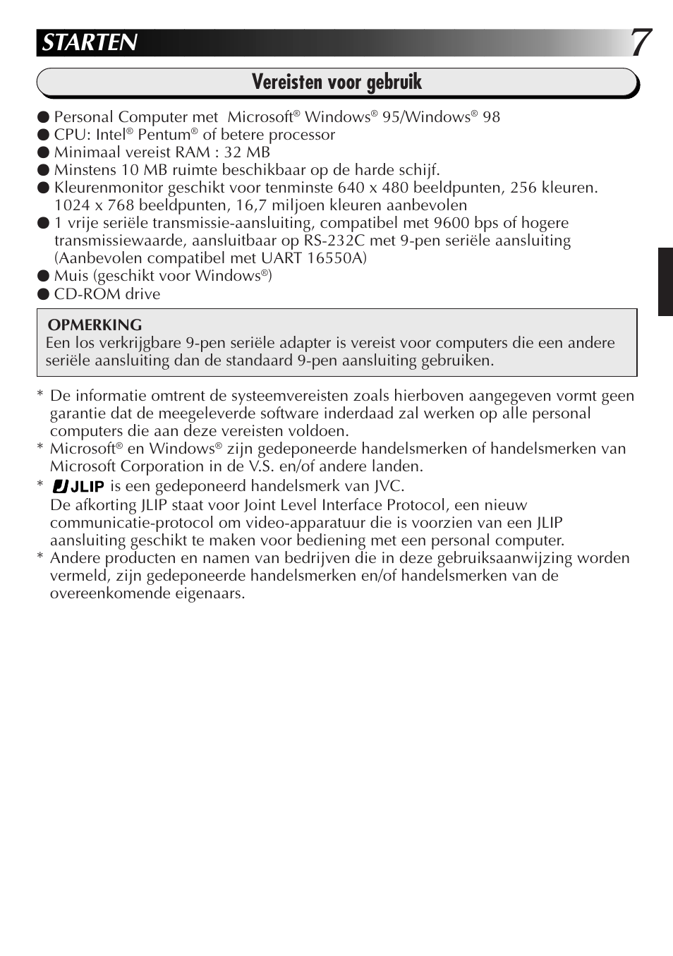 Starten, Vereisten voor gebruik | JVC GR-DVL300 User Manual | Page 37 / 124