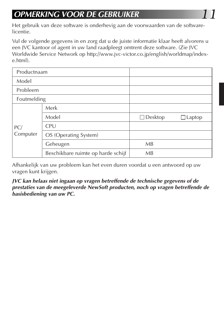 Opmerking voor de gebruiker | JVC GR-DVL300 User Manual | Page 41 / 124