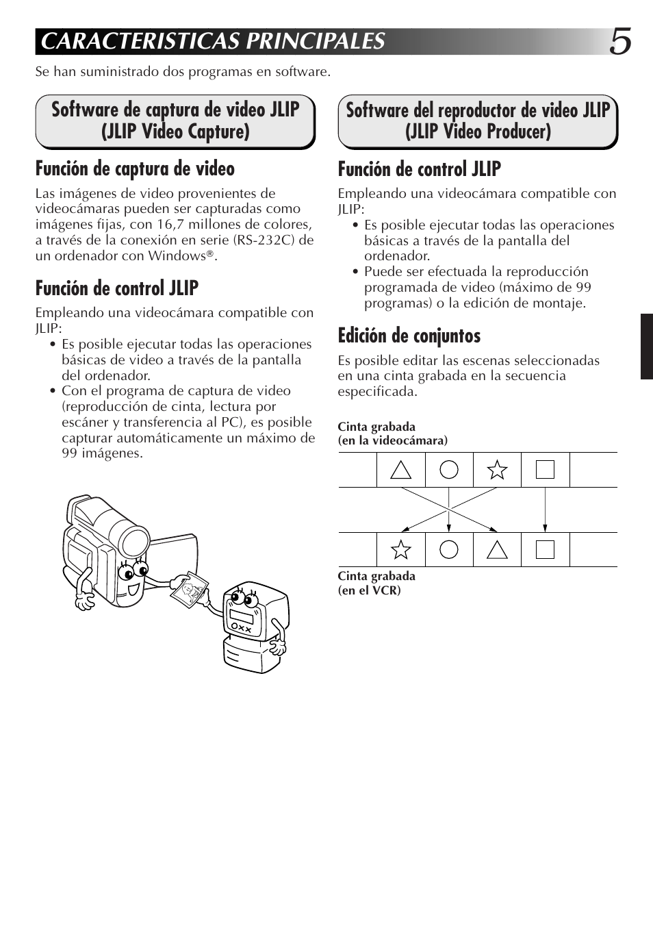 Caracteristicas principales, Función de control jlip, Edición de conjuntos | JVC GR-DVL300 User Manual | Page 45 / 124