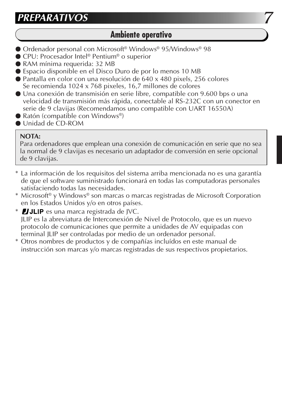 Preparativos, Ambiente operativo | JVC GR-DVL300 User Manual | Page 47 / 124