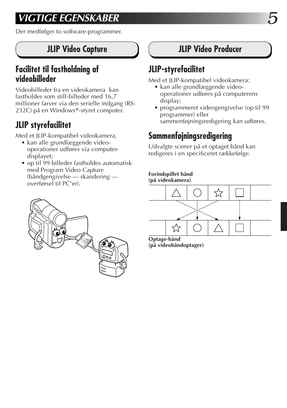 Vigtige egenskaber, Jlip styrefacilitet, Jlip video producer jlip-styrefacilitet | Sammenføjningsredigering | JVC GR-DVL300 User Manual | Page 65 / 124