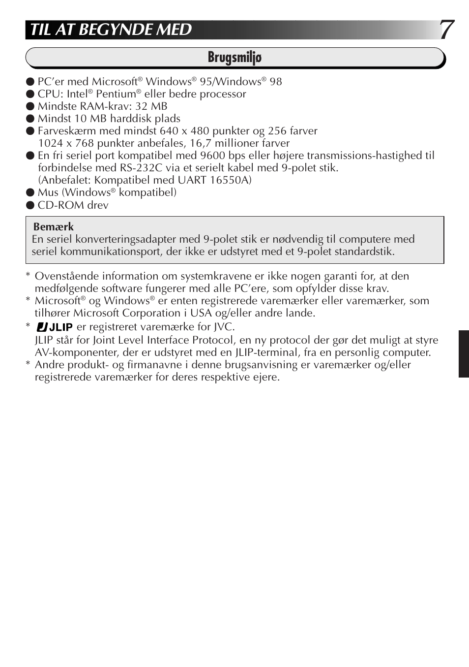 Til at begynde med, Brugsmiljø | JVC GR-DVL300 User Manual | Page 67 / 124