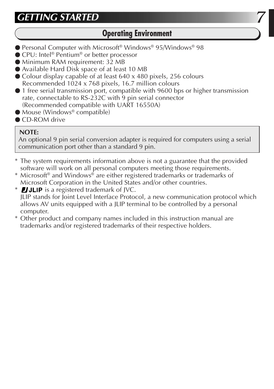 Getting started, Operating environment | JVC GR-DVL300 User Manual | Page 7 / 124