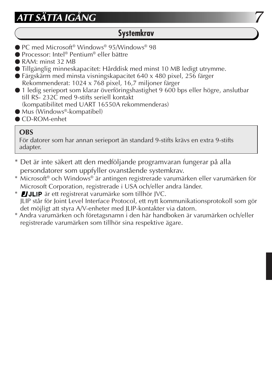 Att sätta igång, Systemkrav | JVC GR-DVL300 User Manual | Page 87 / 124