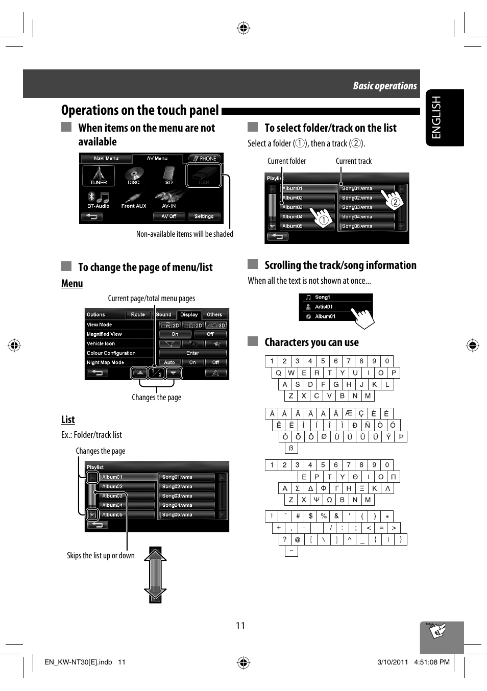 Operations on the touch panel, English, Scrolling the track/song information | Characters you can use | JVC KW-NT30 User Manual | Page 11 / 274