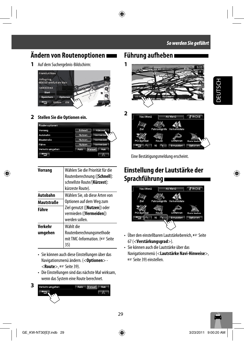 Ändern von routenoptionen, Führung aufheben, Einstellung der lautstärke der sprachführung | Deutsch | JVC KW-NT30 User Manual | Page 119 / 274