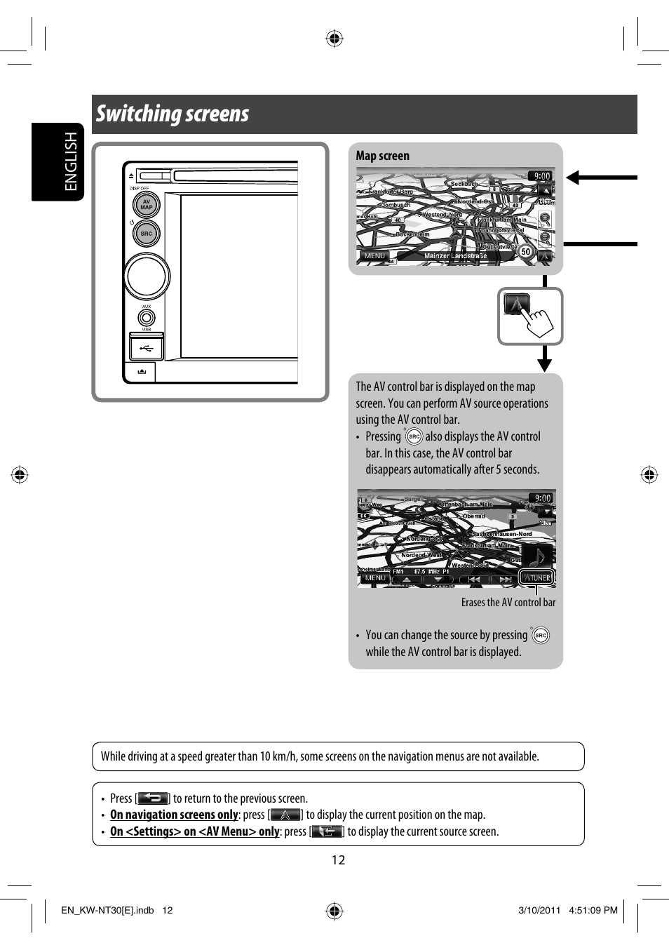 Switching screens, English | JVC KW-NT30 User Manual | Page 12 / 274