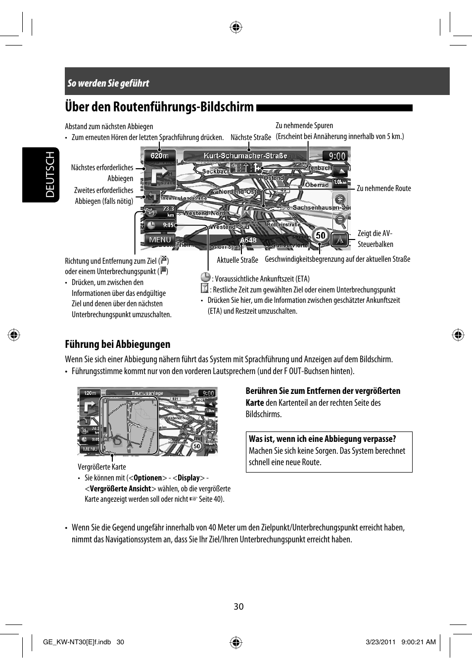 Über den routenführungs-bildschirm, Deutsch, Führung bei abbiegungen | JVC KW-NT30 User Manual | Page 120 / 274