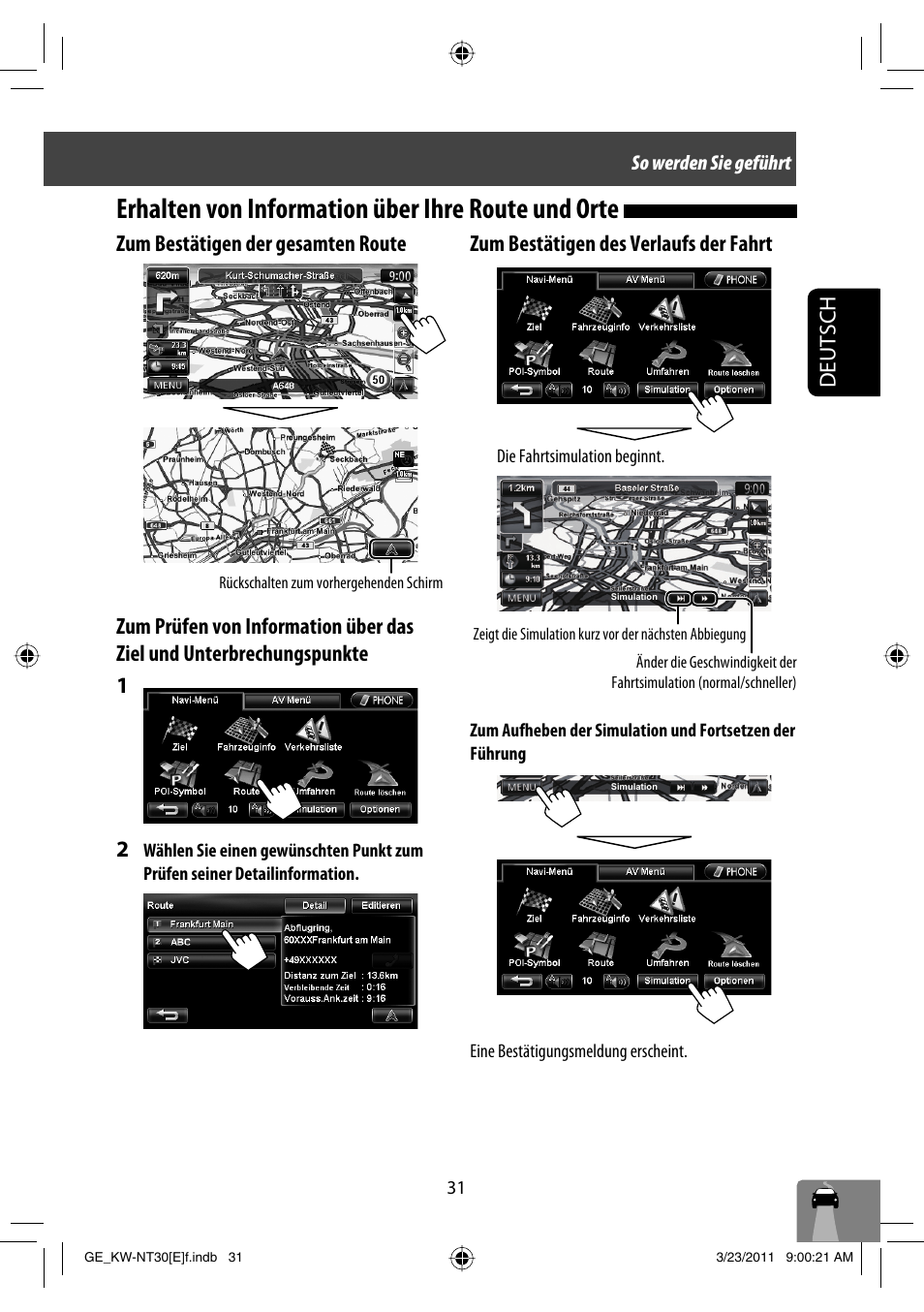 Erhalten von information über ihre route und orte, Zum bestätigen des verlaufs der fahrt | JVC KW-NT30 User Manual | Page 121 / 274