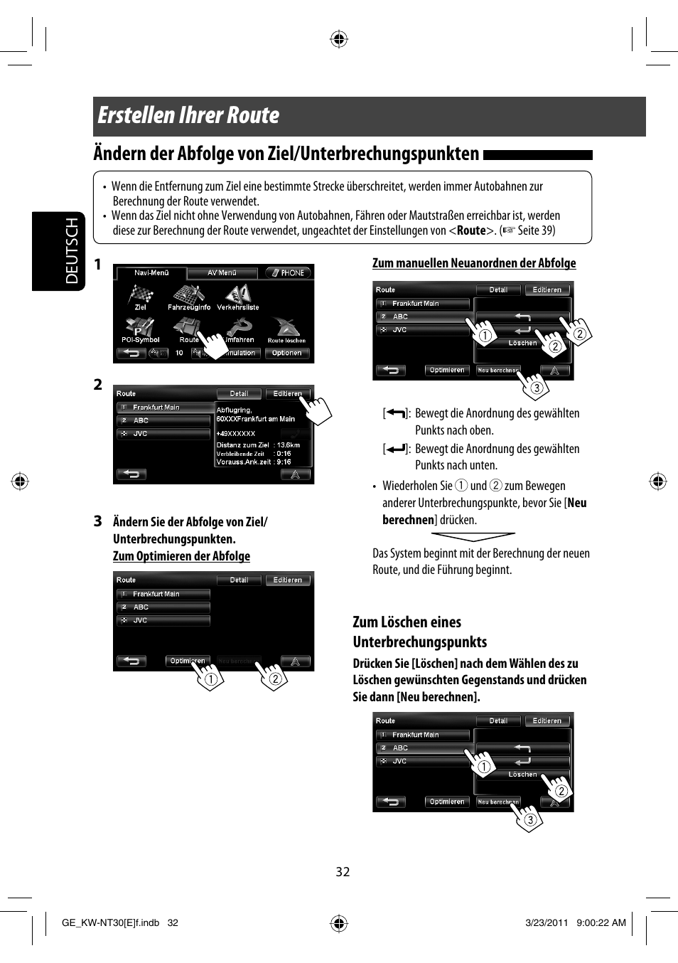 Erstellen ihrer route, Ändern der abfolge von ziel/unterbrechungspunkten | JVC KW-NT30 User Manual | Page 122 / 274