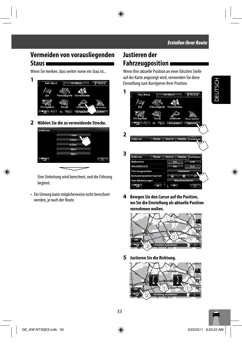 Vermeiden von vorausliegenden staus, Justieren der fahrzeugposition, Deutsch | JVC KW-NT30 User Manual | Page 123 / 274