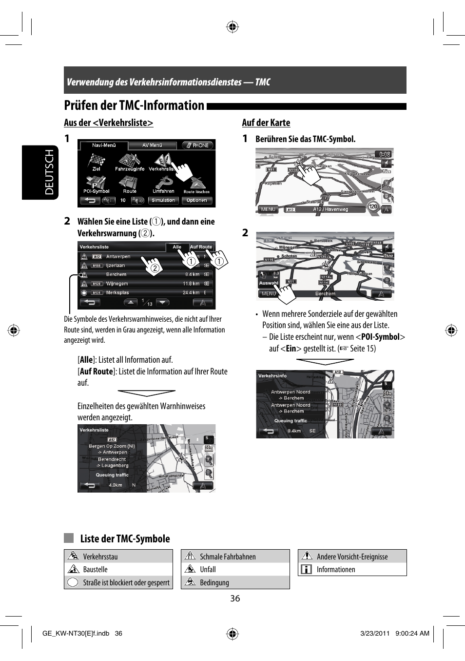 Prüfen der tmc-information, Deutsch, Liste der tmc-symbole | Aus der <verkehrsliste | JVC KW-NT30 User Manual | Page 126 / 274