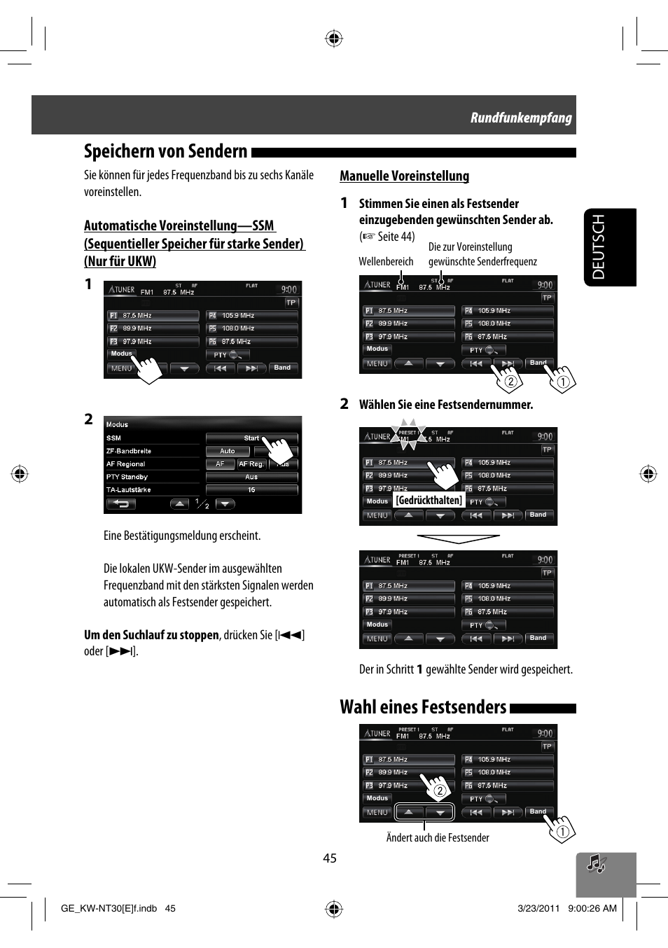 Wahl eines festsenders, Speichern von sendern, Deutsch | Rundfunkempfang manuelle voreinstellung | JVC KW-NT30 User Manual | Page 135 / 274