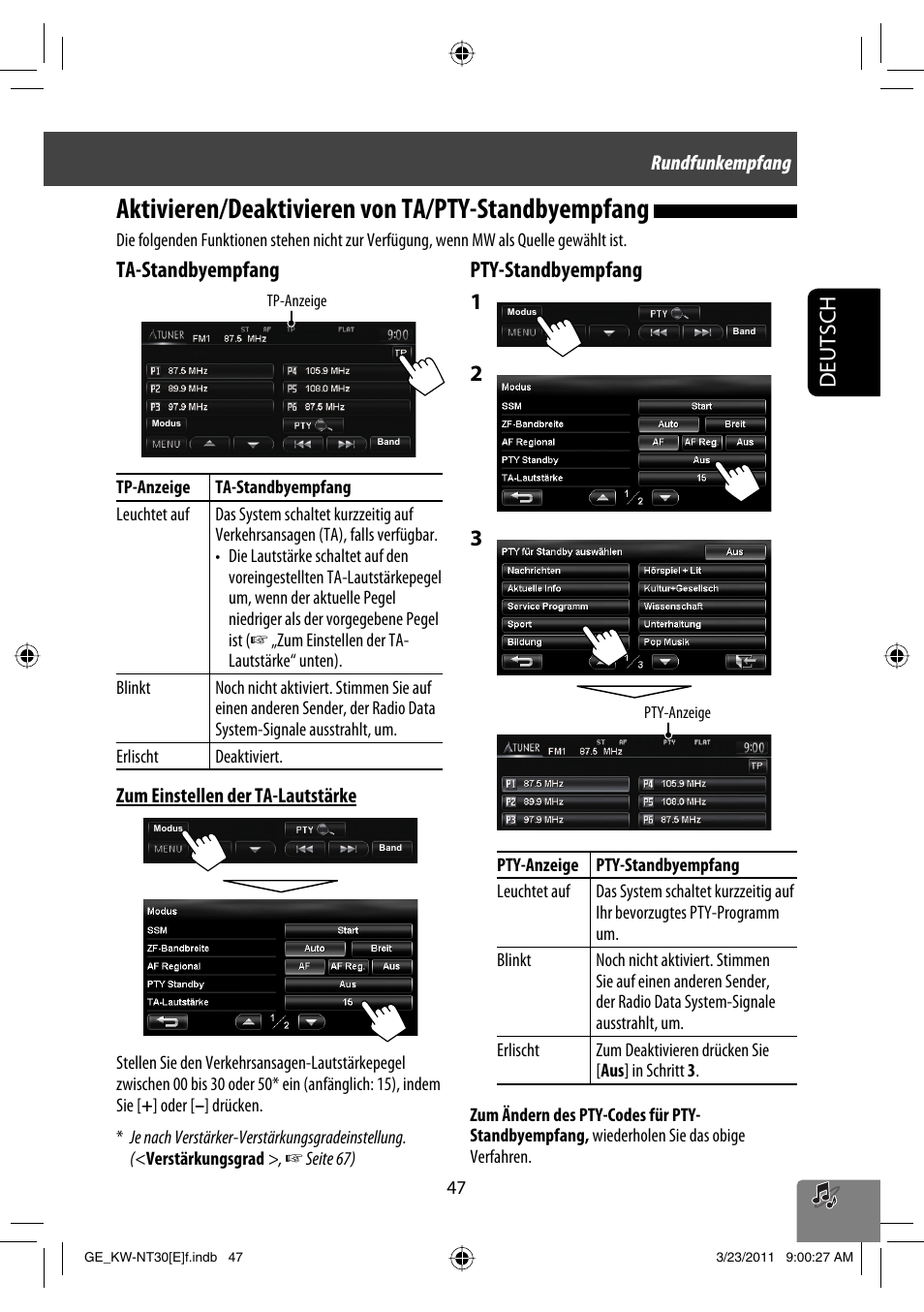 Aktivieren/deaktivieren von ta/pty-standbyempfang, Deutsch, Ta-standbyempfang | Pty-standbyempfang 1 | JVC KW-NT30 User Manual | Page 137 / 274