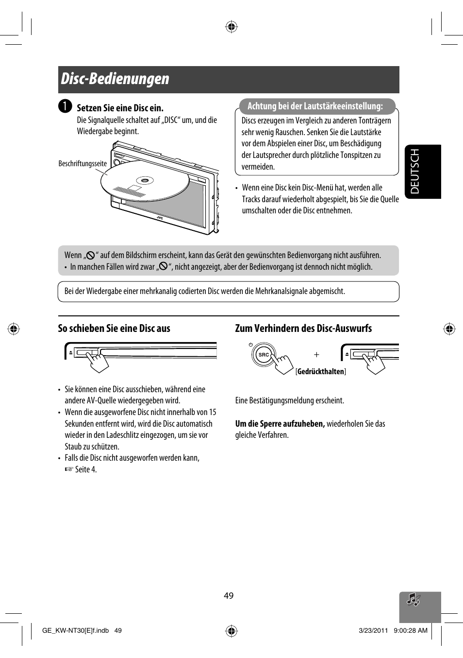 Disc-bedienungen, Deutsch, So schieben sie eine disc aus | Zum verhindern des disc-auswurfs | JVC KW-NT30 User Manual | Page 139 / 274