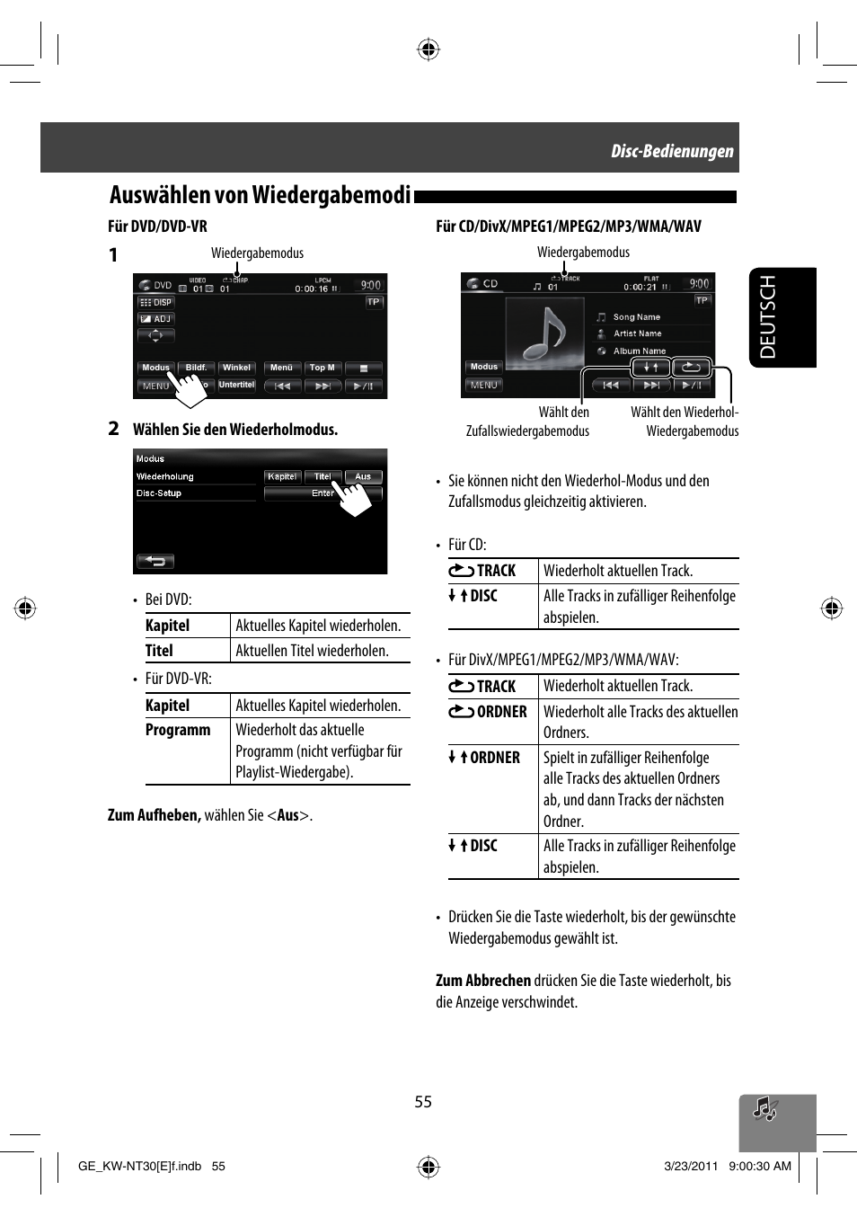 Auswählen von wiedergabemodi, Deutsch, Disc-bedienungen | JVC KW-NT30 User Manual | Page 145 / 274