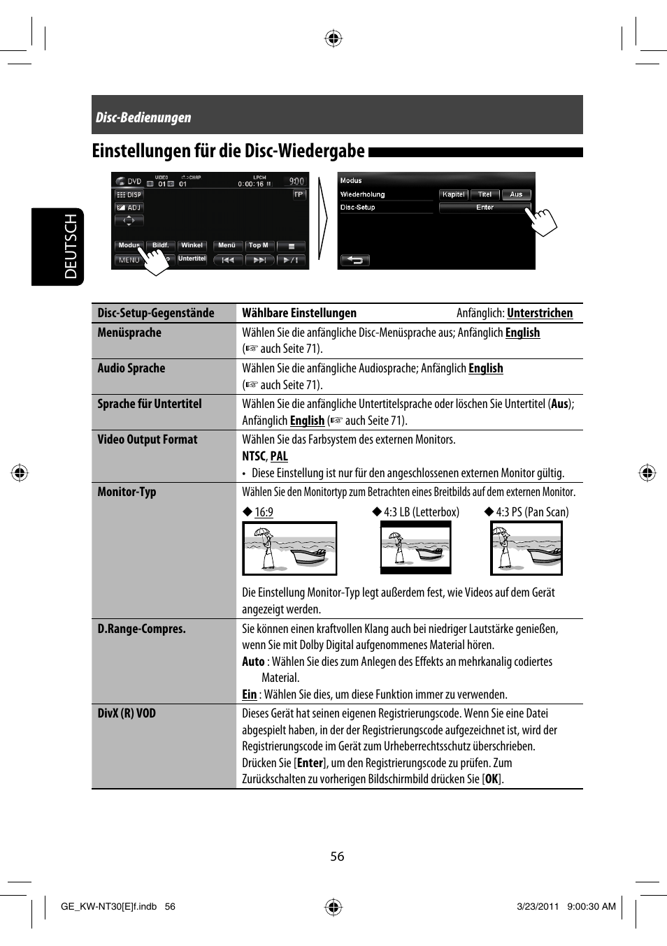 Einstellungen für die disc-wiedergabe, Deutsch, Disc-bedienungen | JVC KW-NT30 User Manual | Page 146 / 274