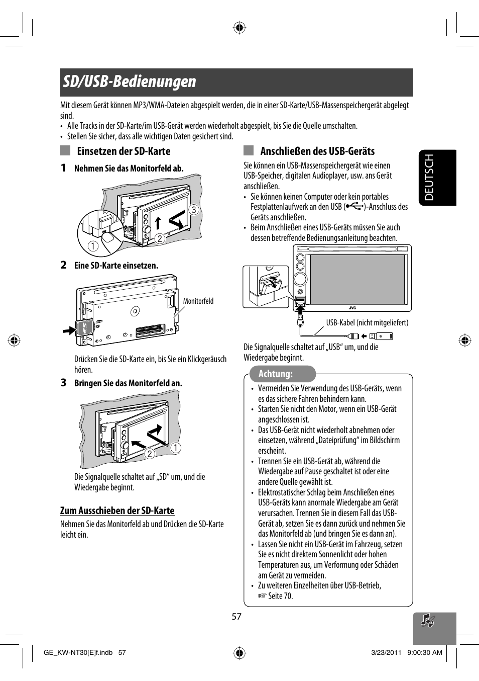 Sd/usb-bedienungen, Deutsch, Einsetzen der sd-karte 1 | Anschließen des usb-geräts | JVC KW-NT30 User Manual | Page 147 / 274